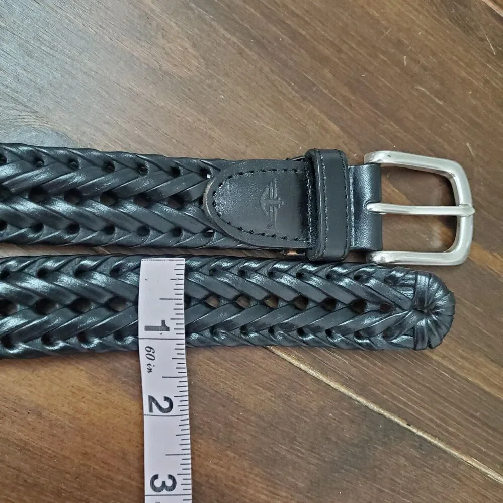 Dockers Braided Belt Men's 40 Black Leather Tab & Cord Woven Silvertone Buckle
